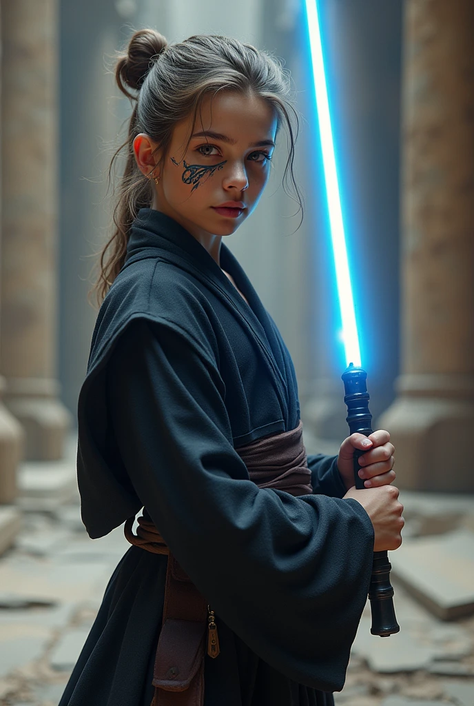 RUSSIAN GIRL 10 year old, WITH LONG STRAIGHT BLONDE HAIR WITH BRAIDS, PORTRAIT STYLE, A closeup, holding two Lightabents in her hands, LightSaber wallpaper, with lightsaber sword, Jedi with lightsaber, holding a blue lightsaber, with lightsaber, holding a 4K lightsaber, holding a Lightabre. Splash Art, HD Star Wars Photo, Jedi Knight, Blue Lightsaber, Holding Laser Swords
