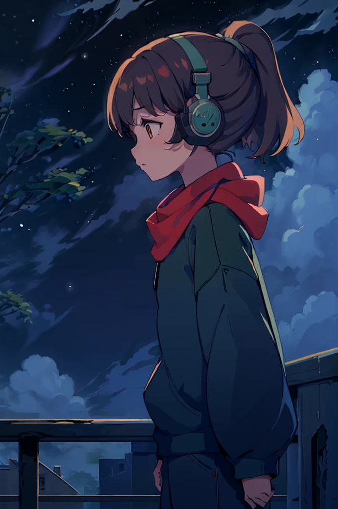 masterpiece, best quality,  1girl, solo, brown_hair,ponytail,headphones,green sweater,blue pants,red scarf, night, muted colors, monochrome, upper body, pixel art, night sky, clouds, profile