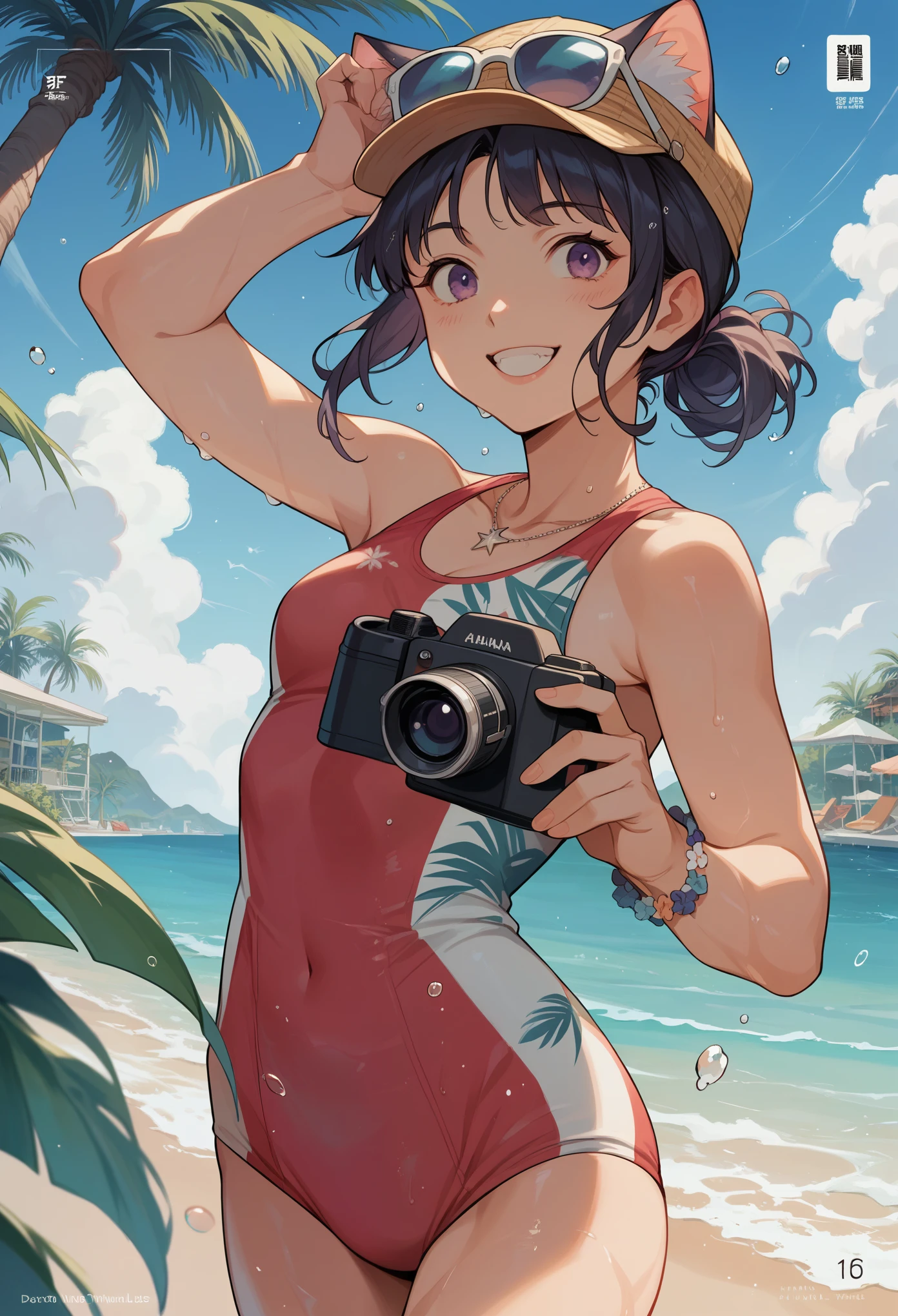 Self snap, Photo cute Japan girl with GoPro camera, Sexy swimsuit and on the beach, Wet, smile, sharp face, soft lighting, fisheye lens, solar flare, 