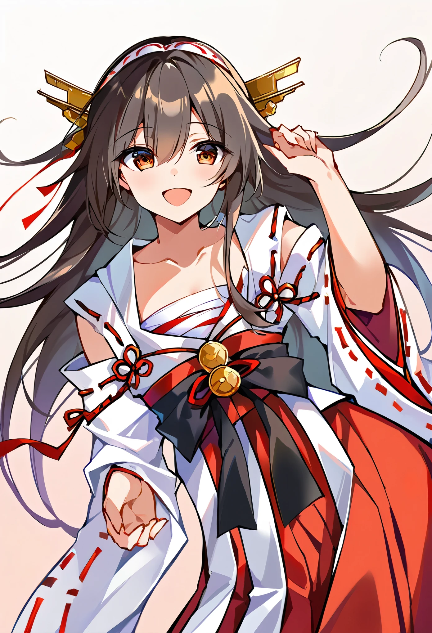 Highest quality, masterpiece, High resolution, 一人in,Highest quality, masterpiece, High resolution, 一人in, {Haruna_Fleet Collection:1.15}, black_hair, length_hair, hair_ornament, hairband, brown_eye, hairclip, red面, smile, headgear, chest, Non-traditional_Shrine maiden, hair_between_eye, One Girl, independent_sleeve, Japanese_Clothes, Looking_in_audience, red_skirt, ribbon-trimmed_sleeve, ribbon_trim, skirt, just_shoulder, Simple_background, white_background, Open_mouth, sarashi, wide_sleeve, ((オフィスbackground, リビングbackground))