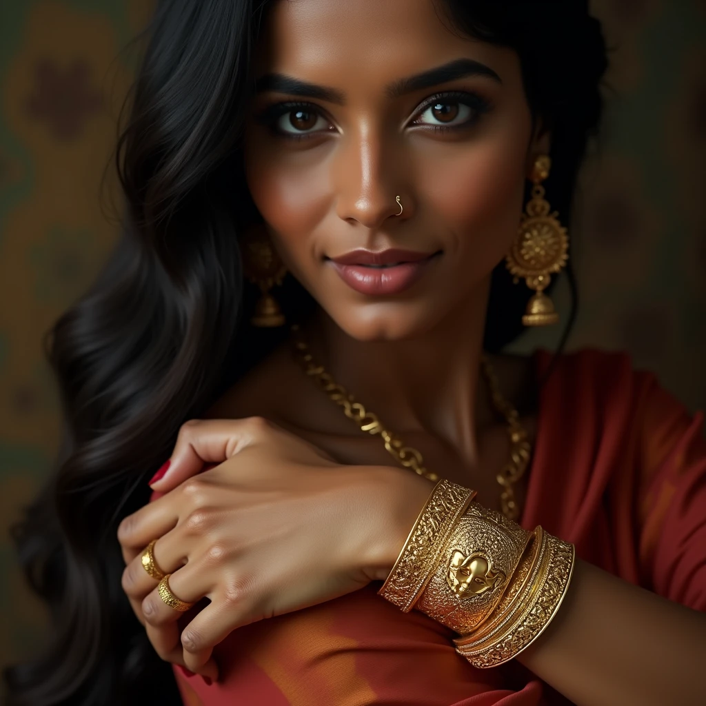 (best quality,highres,phographic),beautiful smiling woman,ancient Egyptian-style hair, golden dress, nude breast, Egyptian necklace, penetrating gaze, vibrant colors, elegant lighting, detailed facial features, mesmerizing beauty, graceful posture, regal aura, stunning artwork, exquisite craftsmanship