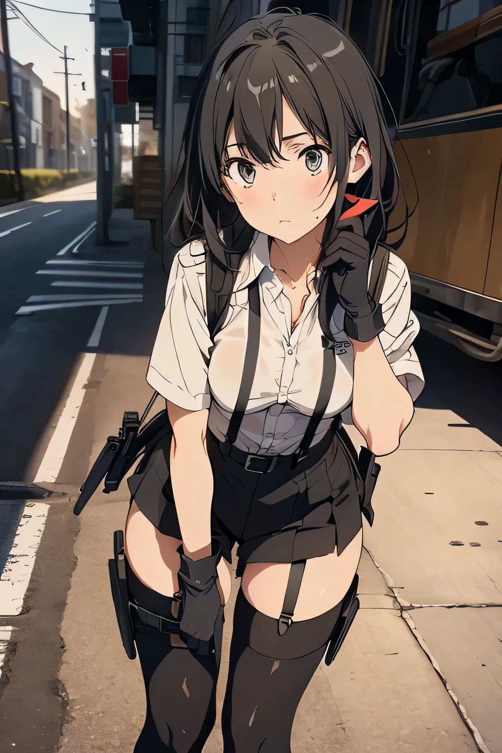 high quality, masterpiece, Ultra-high resolution, (Realism: 1.4), Oil painting style, Cinema Lighting, , I stood on the empty asphalt road and looked at it.., And suspenders with flying cranes　　Large Breasts　 　 　　　　Small face　 　　　holster　　　　　　　 Lying in bed　look up　　　　Sweat 　　　belt　buzzer　脇Sweat 　Black Hole Gloves　suit　　　　 mini skirt　garterbelt　Leg Links　Belt on trousers　　holster　 　　fold your hands behind your back　 Anxious expression　look up　Anxious face　Knee-length　Knee socks　Knee-length socks garter belt　garter　Garterbelt on thighs, hands behind back　　Constraints　handcuffs　Cable ties　Cable ties on thumbs
