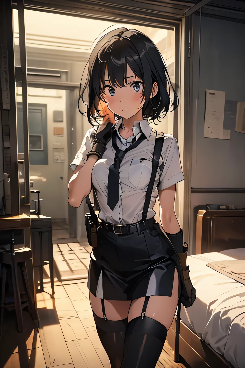 1 female, , high quality, masterpiece, Ultra-high resolution, , Cinema Lighting, , , And the suspenders with the cranes flying　　　Moderate breasts　 　 　　　　Small face　 　　　holster　　　　　　　 Lying in bed　Looking up　　　　Sweat 　　　belt　summer　脇Sweat 　Black Hole Gloves　suit　shirt　　Black jacket　 Black trousers　Leg Links　ズボンにbelt　　holster　 　　Hands behind your back　 Anxious expression　Looking up　Anxious face, legs apart　