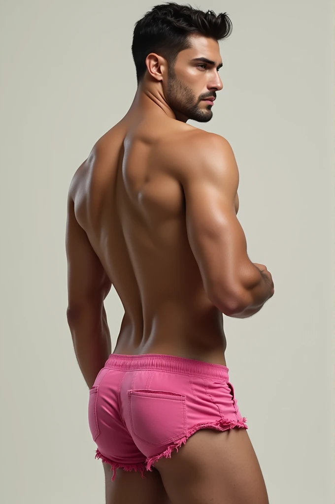 1boy, solo, facial hair, male focus, bulge, pectorals, bara, muscular, mature male, muscular male, abs, beard, nipples, short hair, navel, stomach, large pectorals, thick eyebrows, bare pectorals, dark-skinned male, animal costume, erection, thighs, erection under clothes, animal hood, dark skin, open clothes, animal ears, hood, pink bodysuit, pectoral cleavage, cowboy shot, feet out of frame, thick thighs, looking at viewer, fake animal ears, rabbit costume, masterpiece, 4k, high quality, highres, absurdres,