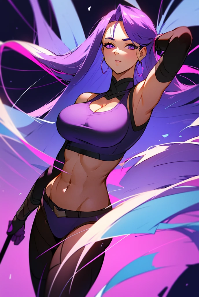 Black background, purple hair, long hair, 1 girl, Solo, high resolution, high quality,best quality,4k,8k, masterpiece, purple crop top, thick tights, bigger breasts, purple jean, purple eyes shining, looking at viewer, her head slightly  looking you from upper,