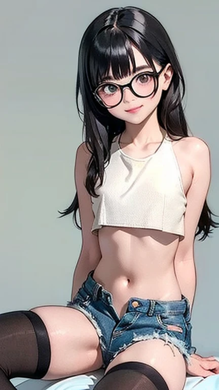 4K, masterpiece, 8K, high quality, 最high quality,10歳のcute少等生, Very white skin, Brown long hair，A little bit，Low length，freckle，Sparse eyebrows，Straight bangs，(flat chest) ，Feminization, tilt, elegant, elegant, cute, Smile, cute, , belly button, Denim low waist mini skirt, ((Black knee socks)), (Ugly clothes)、((Gray background))(masterpiece, best quality), 1 girl, Small Breasts, Smaller hips, Crop Top, Bikini shorts, bedroom, Striped knee socks, ,Breasts with pink nipples,Naked Room，，nude， Glasses,