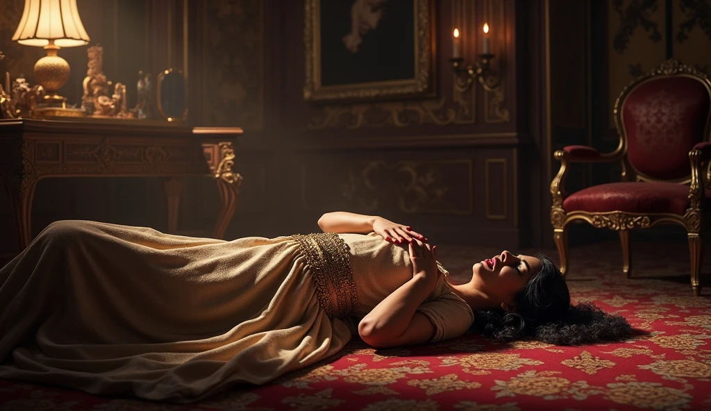 Close-up shot, Low angle shot, (A dimly lit, opulent chamber with a large, lavish bed draped in fine silks and gold. Cleopatra lies on the bed, her face peaceful as the serpent approaches her. The room is filled with ancient Egyptian décor: statues, incense burners, and a table with intricate vials and jars. Moonlight streams through a lattice window, casting a soft glow over the scene.) unreal engine, cinematic, hyper-real, highly detailed, Ultra realistic HD --q 2 --v 6.1 --ar 9:16  