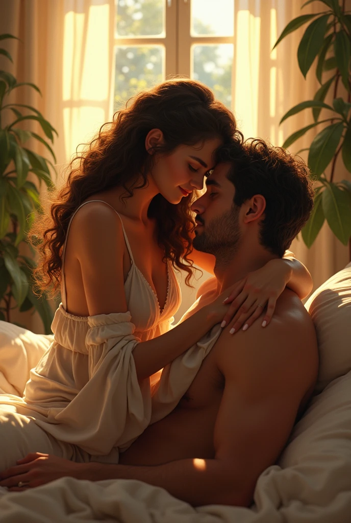 I am nothing without you man and girl background, blue window with sunlight, cozy room, relaxed pose, realistic, intricate details, warm colors, by Greg Rutkowski, by Alphonse Mucha