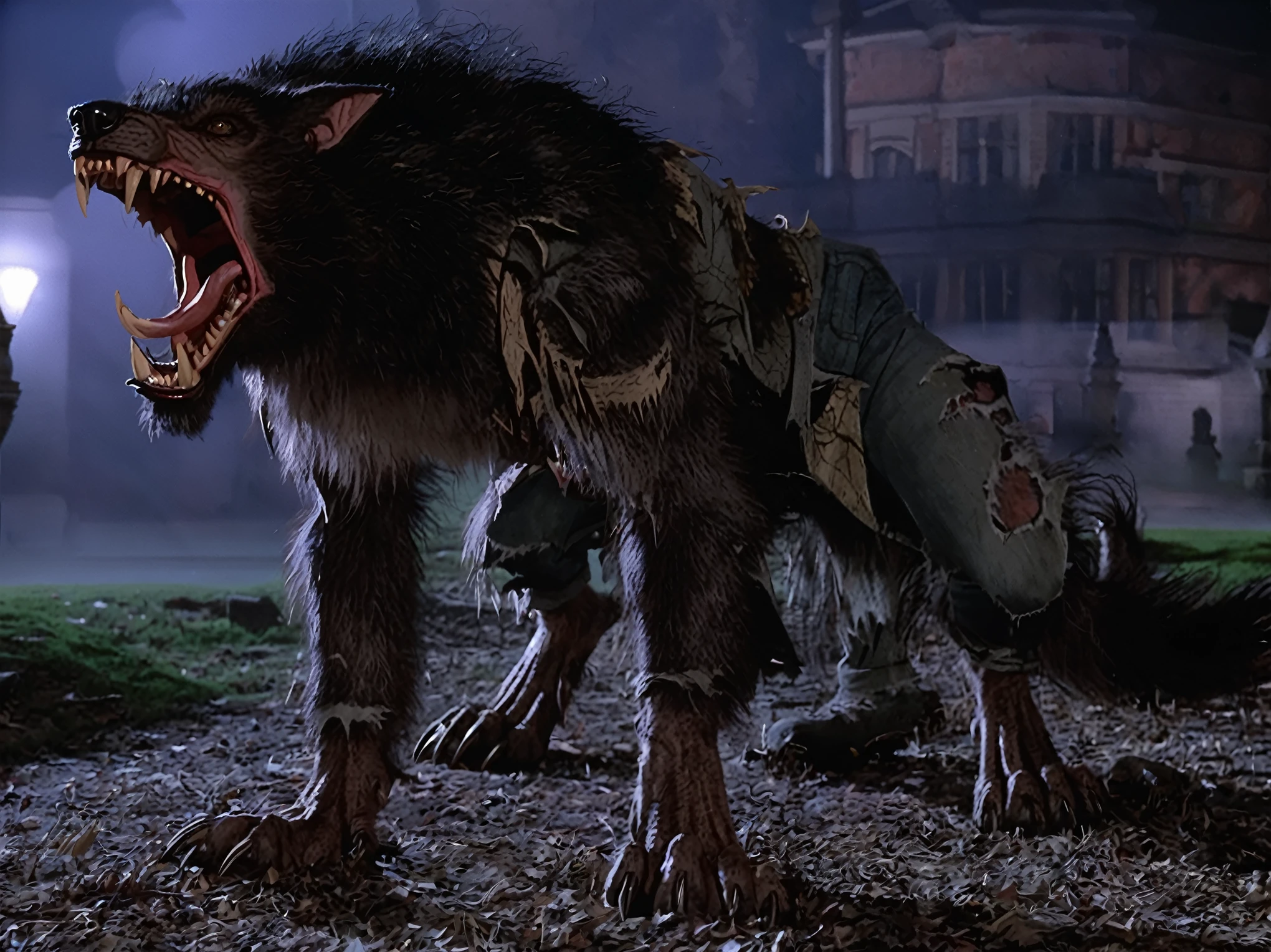 an american werewolf in london, werewolf, movie screenshot, feet, howling, solo, anthro, vagina, breasts, torn clothes, all fours