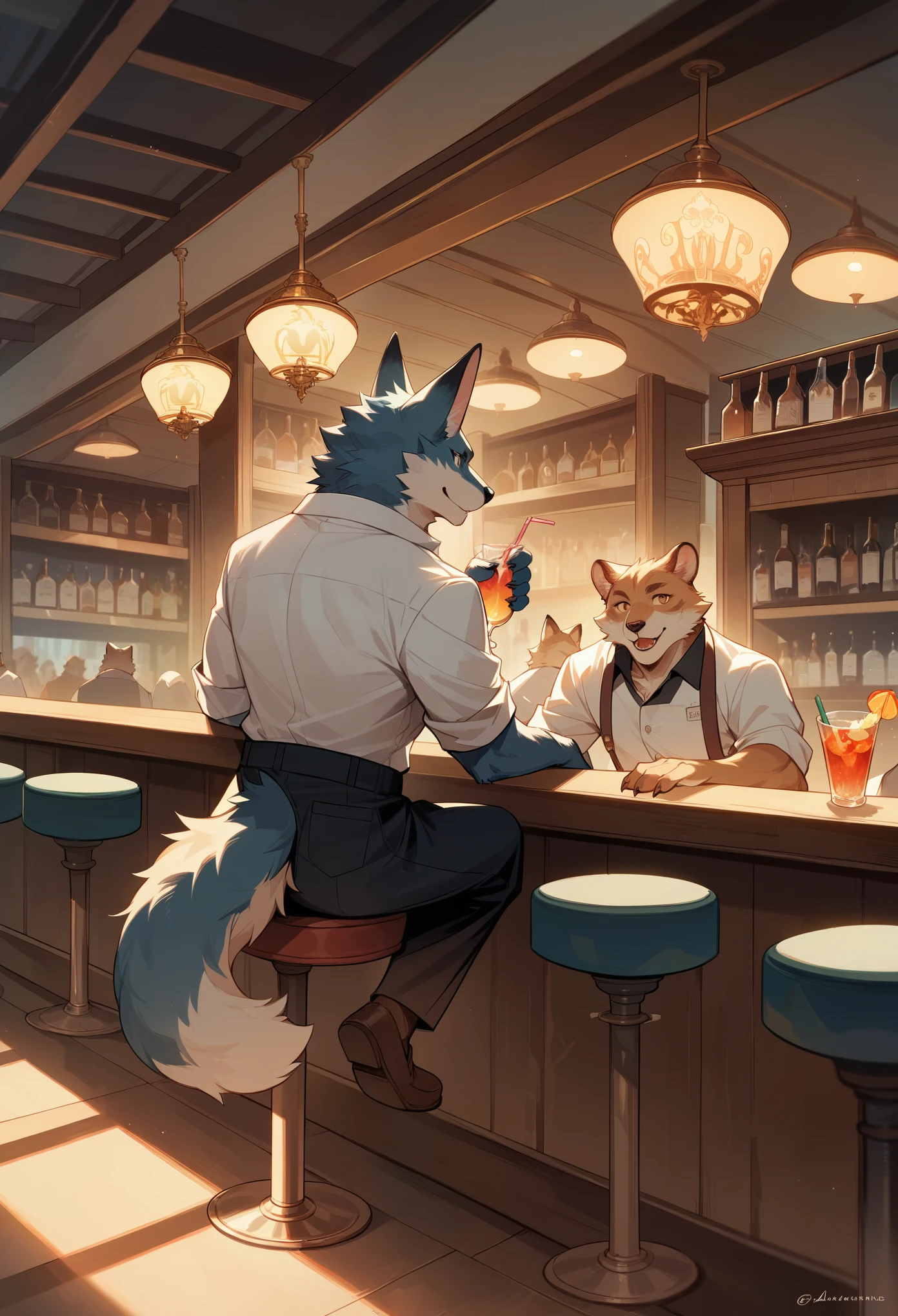 rating_safe, score_9, score_8_up, score_7_up, score_6_up, score_5_up, score_4_up, hires, highres, source_furry, top quality, best quality, High-quality illustrations, masterpiece, super high resolution, detailed background, bartender, bar, cocktail, boys, girls, absurdres(highly detailed beautiful face and eyes)perfect anatomy, expression, good lighting, cinematic shadow(kemono, furry anthro)assorted poses, dynamic angle,