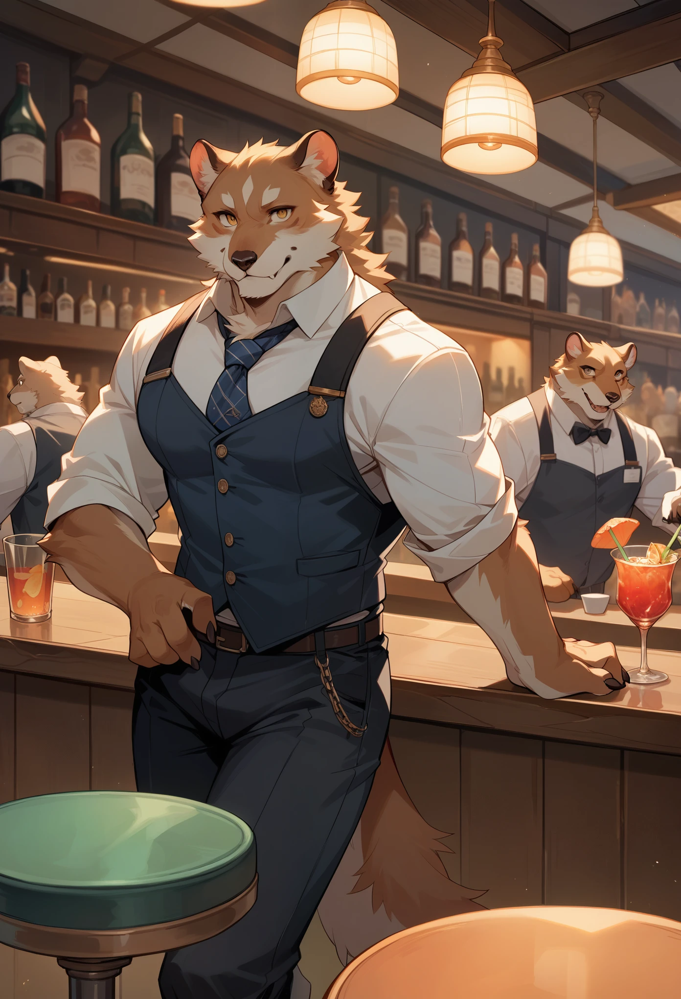 ((By Bebebebebe, by K0BIT0WANI, by SpiritD, best quality, masterpiece, perfect anatomy, detailed picture)), 1male, solo, Max Ogami, (Wolf), young, skinny chub, embarrassed, holding a tray with drinks, brown furs, shirtless, black bow tie, short shorts, black scleras, dark brown eyes, in the night club
