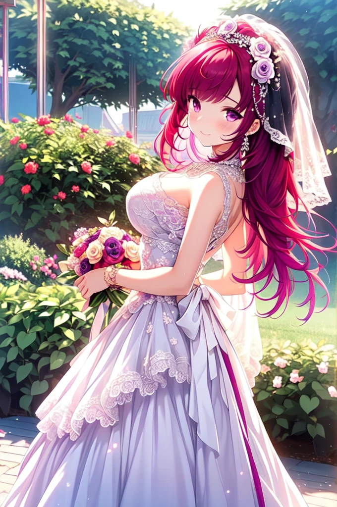 asamikei, (masterpiece, Highest quality, beautifully、aesthetic:1.3), (teenager), 1girl, alone, cute smile, (Silvery medium-violet-red hair with reddish magenta streaks:1.4), (Gradient medium-violet-red hair tip:1.6), hair, Ridiculously long hair, Single Side Lock, Wavy Hair, Shiny Hair, Floating Hair, (Deep red eyes), Delicate eyes, red eyes, Very fine eye, Long upper eyelashes, compensate, Focus on the face, Very detailed facial, Pretty face, Perfect breasts, Hot body, (Delicate skin texture:1.2), Bridal Veil, lace trim dress, See through, white dress), Outdoor, White Rose, garden, morning, Are standing, Very detailed, ((full body:1.2)),