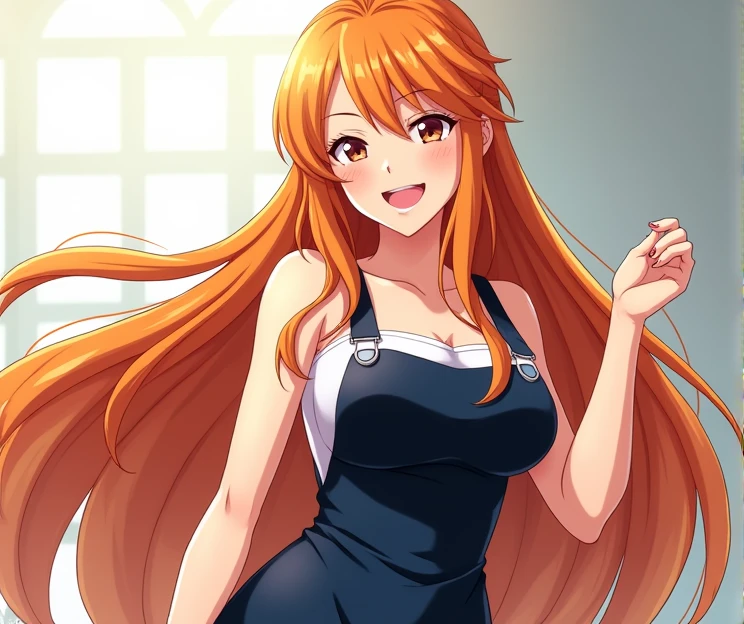 Orihime inoue, bleach, 1girl, solo, white dress,arrancar dress,  hat, hair between eyes, long hair, hair ornament, looking at viewer, messy hair,  orange hair, solo, thighhighs, thighs, long hair, ((masterpiece)), standing, sexy pose, blush, shy, smile, closes mouth,