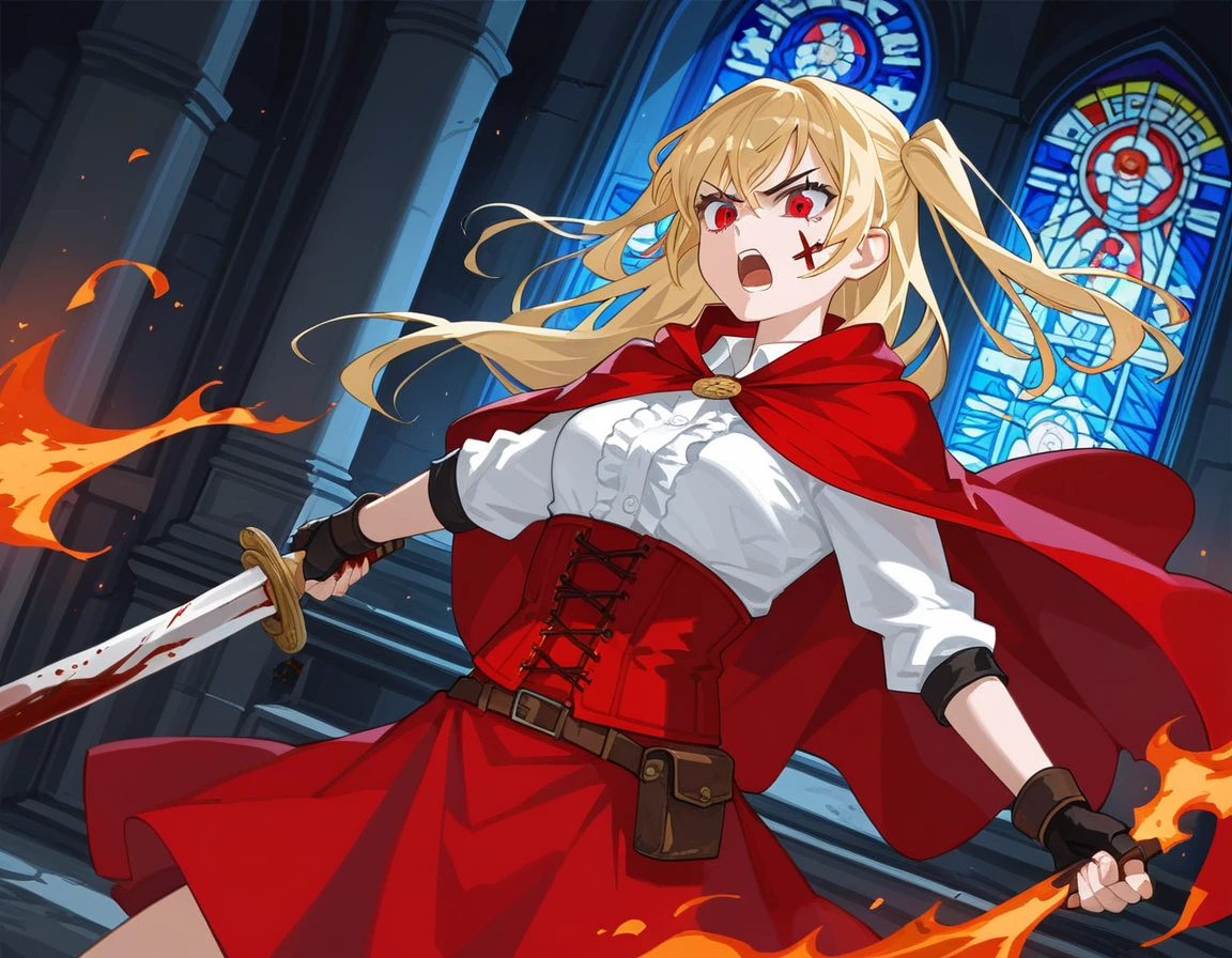 1girl, solo, serious, white shirts, red long cape cloak, red corset, frills red skirt, black fingerless gloves, blonde, two side up, red eye,
(weapon over shoulder, holding weapon), (Sword carried diagonally), battlecry,open mouth,angry,fire,flames,cursed aura,ruins,ashes,blood,facial mark
Anime Girls, dutch angle, acrobatic pose, cowboy shot, combat stance, Gloomy painting style，
church, stained glass
Score_9,Score_8,score_7_up,source_anime, rating_questionable,