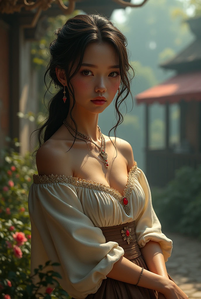 RAW photo, best quality, high resolution, (masterpiece), (photorealistic:1.4), professional photography, sharp focus, HDR,(best quality, masterpiece), 1girl, intricate details, off shoulder, skirt, choker, frills, see-through, looking through the window, blush, upper body, blurry background, floral print, contrapposto