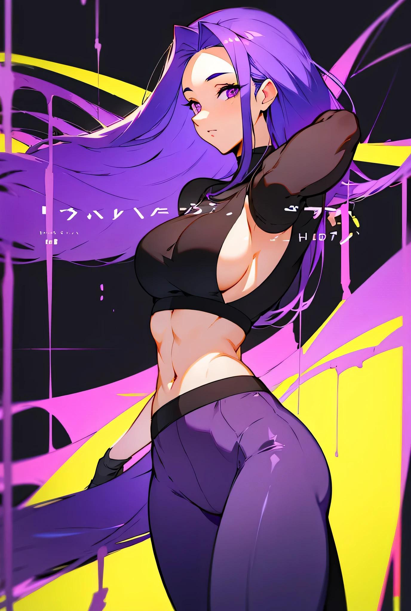 Black background, purple hair, long hair, 1 girl, Solo, high resolution, high quality,best quality,4k,8k, masterpiece, purple crop top, thick tights, bigger breasts, purple jean, purple eyes shining, looking at viewer, her head slightly  looking you from upper,