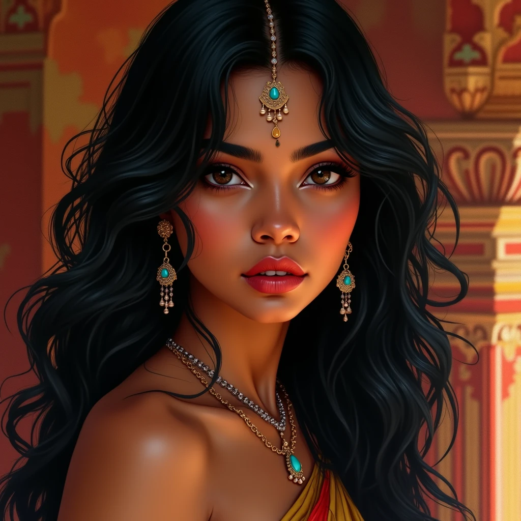 a beautiful indian woman, detailed face, long dark hair, intricate jewelry, colorful sari, ornate background, warm lighting, photorealistic, high resolution, detailed textures, dynamic composition, cinematic color palette, digital painting, concept art style