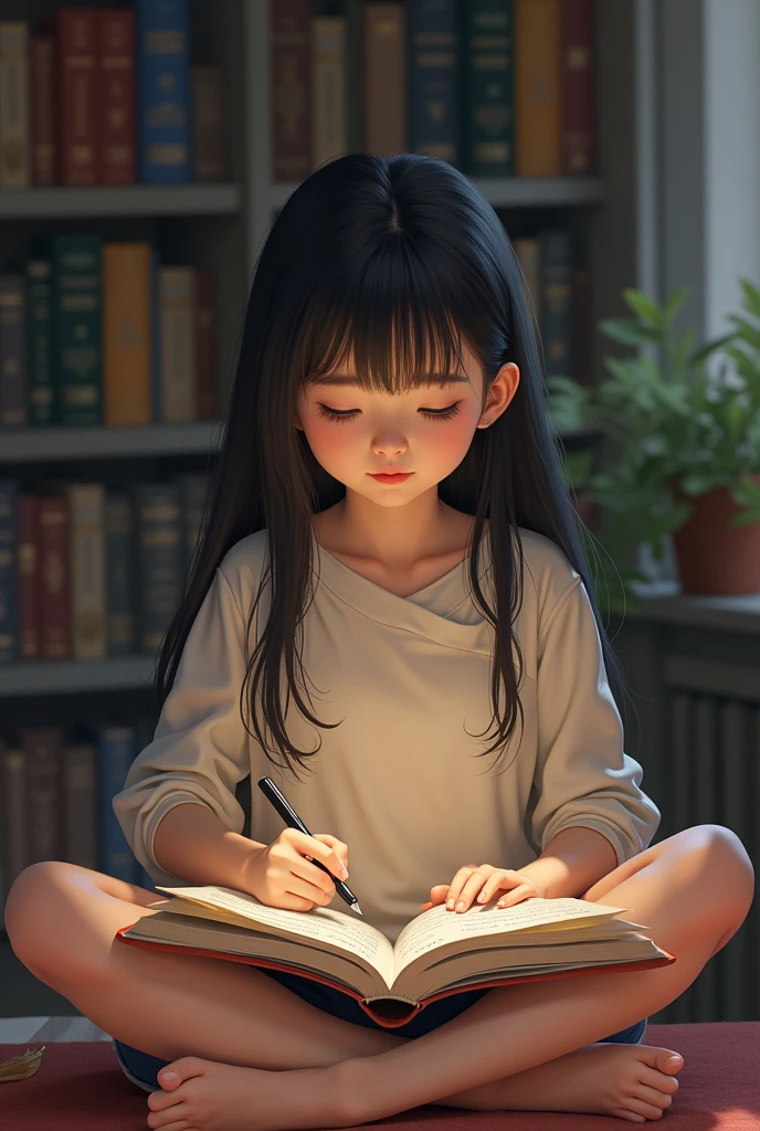 (masterpeace, high quality), 1girl, 14yo girl, reading book, in chair, spread legs, (white panties), long shirt, evening, desk lamp, low light, best shadows,