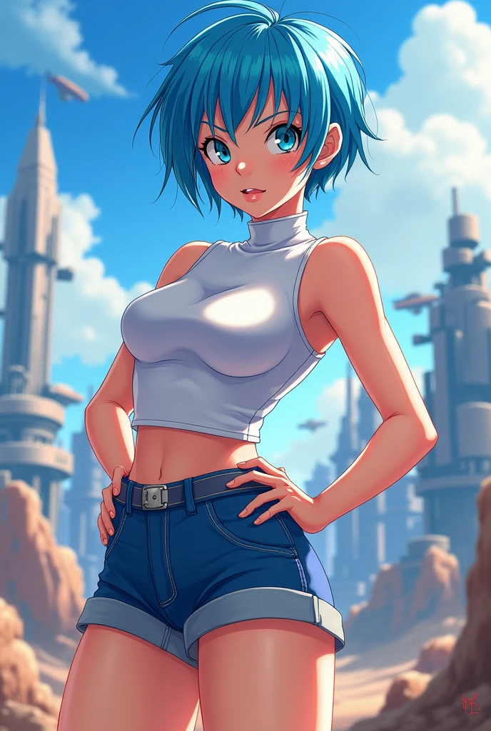 centered, cowboy shot, (looking at viewer:1.2), | solo, bulma dragon ball, naked, nsfw, masturbating, | space, stars, planet, | bokeh, depth of field, cinematic composition
