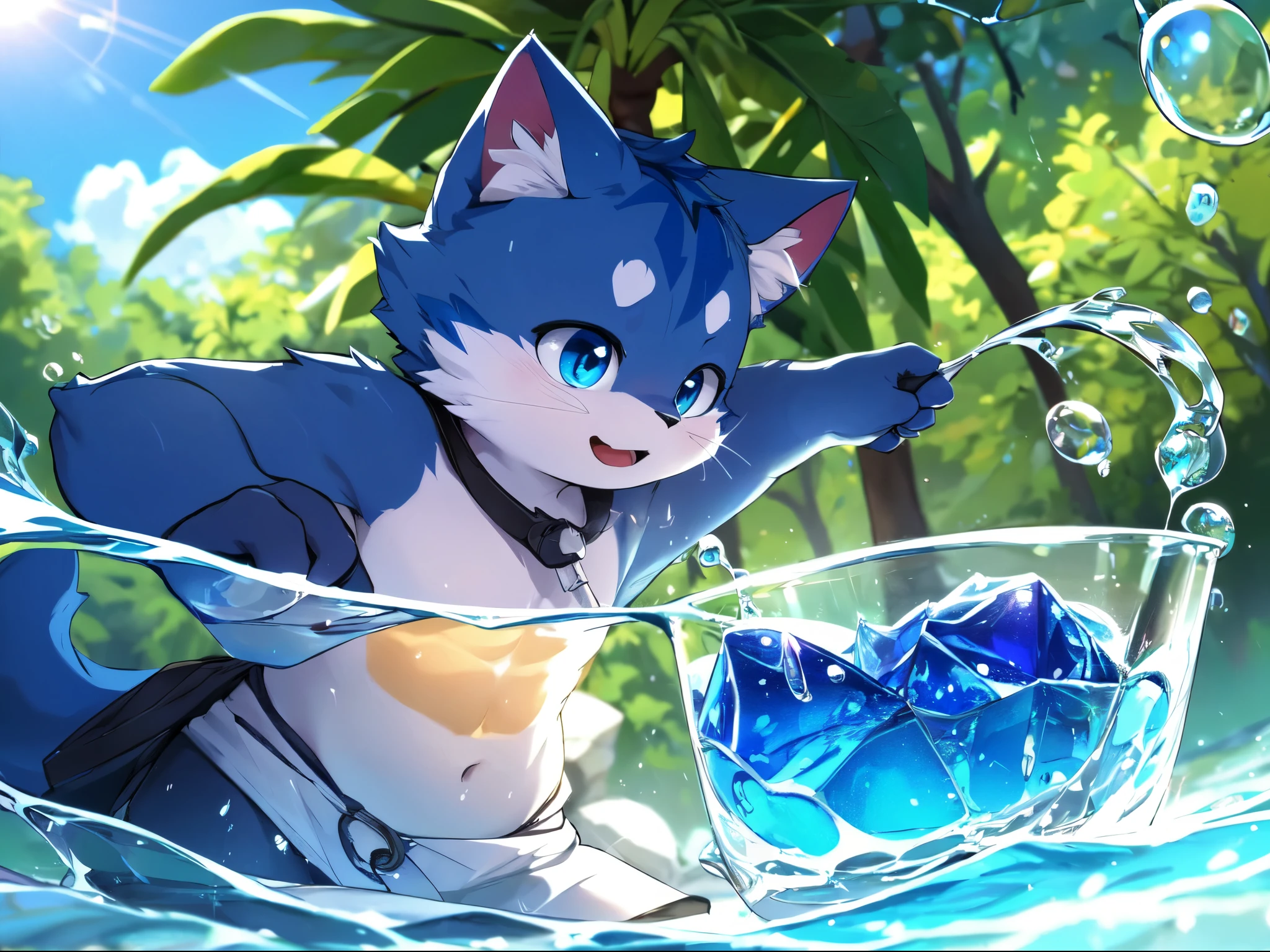 Very detailed, 8 thousand, glass, Water in a glass, glass crystal, bubbles, right blue water, good, bright, blue-furred cat, splashes