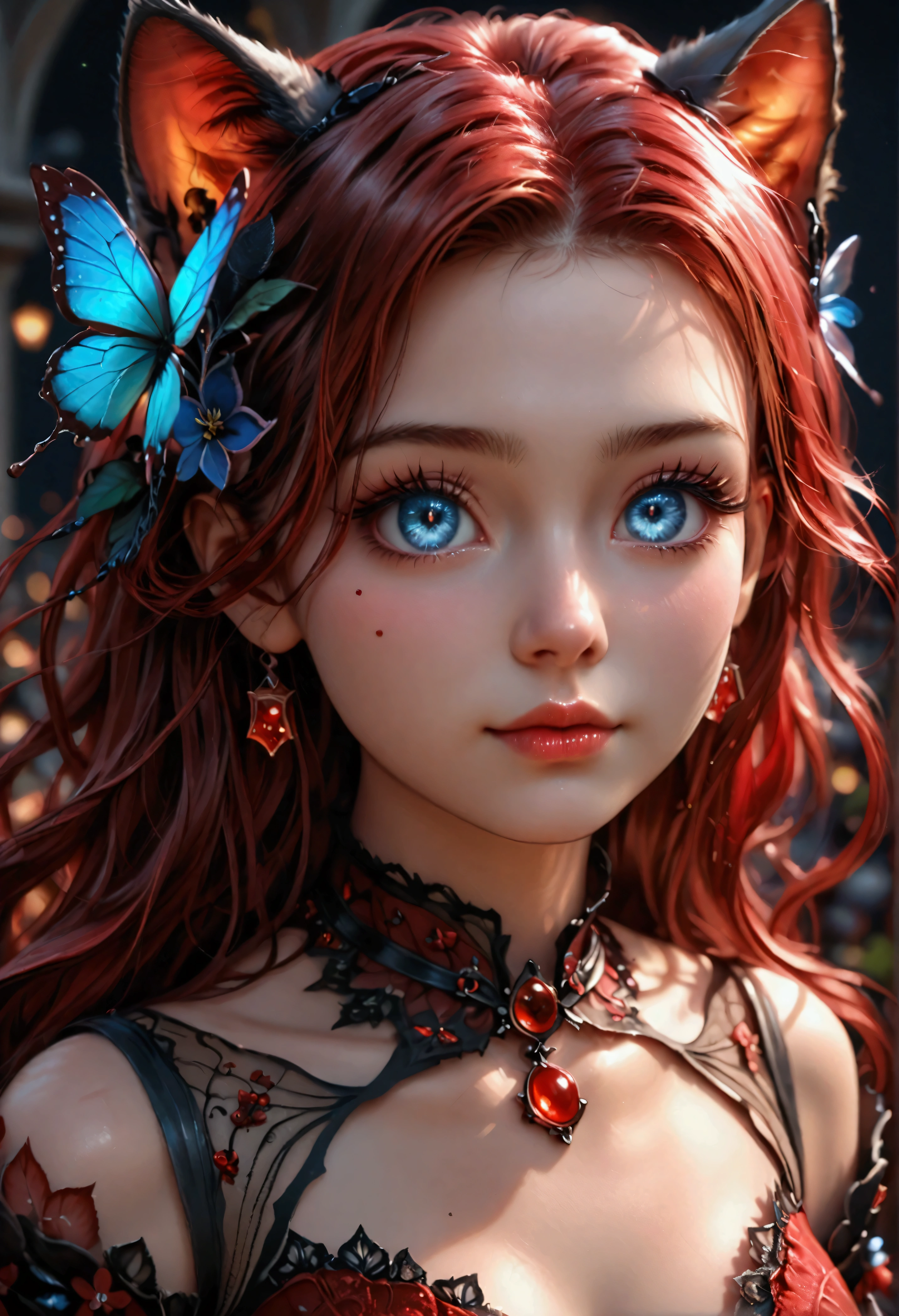 (Best Quality, 8K, Masterpiece, HDR, sharp Lighting, Picture Perfect, Realistic, Vivid), fantacy Girl (1.0), fantacy Girl with Red Hair and blue eyes and magical dress, Pink  with Glitter Texture, Beautiful Anime Fantasy, Very beautiful and cute fantacy girl, large pink butterflies fly around, background blur, anime fantasy, work in Gouves style, realistic: 1.37, top view, red cat girl lies in blue flowers, large pink butterflies fly around, horizontal view, (Ultra High Quality Fantasy Art), Masterpiece, Female Model, Ultra High Quality Female Character Designs, Detailed 8k Anime Art, Realistic Anime Art, Highest Quality Wallpapers, Intricate Ultra High Quality Accurate Female Character Faces, High Quality Designs and Accurate Physics (Fantasy - Ultra High Quality) quality) quality)) art), dark fantasy style), masterpieces, super high-quality characters, anime resolution - 8K, realistic anime art, wallpaper with the highest quality illustrations, ultra-high detail of faces, high-quality design and accurate physics), color, depth of field, shadows, ray tracing, high quality workmanship. -high quality and 8K resolution, (Accurate simulation of the interaction of light and materials)], [High-quality hair detail [More about beautiful and shiny red hair]], (Beautifully detailed hands [perfect fingers [Perfect nails]]], (perfect  (perfect proportions)))) [[Full-length]], [Perfect combination of colors (Accurate imitation of the interaction of light and material)], [art that conveys the meaning of the story](modified)