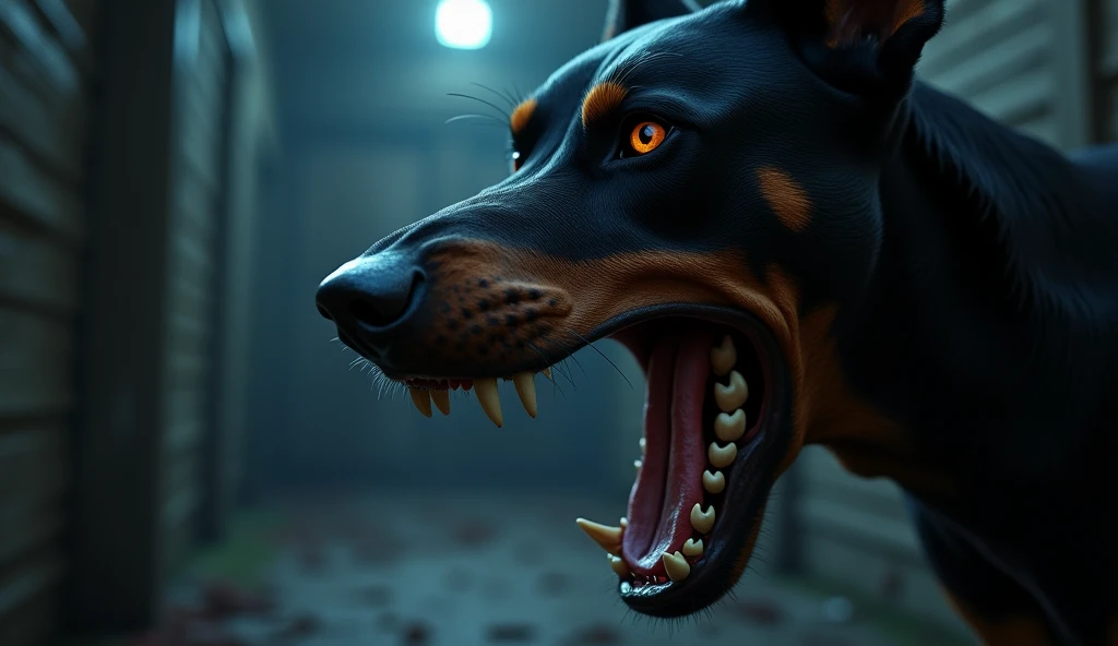 A dramatic scene seen from inside a dead animal carcass, focusing on one (((dirty and fierce street dog))) feeding. The image is framed by the skin of the carcass, stained with blood, as the dog tears the flesh with its sharp teeth. The landscape in the background is of a big city at night., creating a contrast between the urban environment and the wild act. The tension of the moment is captured in the details of the dog and the street lighting., adding an intense and dark mood to the scene.
