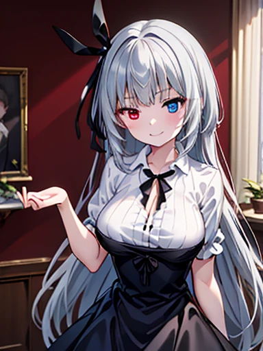 super high quality、indoor、(masterpiece)、Valentine、Are standing、Mouth closed、smile、Luminous Valentine、Silver Hair、Waist-length hair, (blue eyes:1.2), Heterochromia iridis, (Red eyes:1.3),Black Dress、Black Ribbon、grassland、Black Dress、Place your hand on your chest,Large Breasts