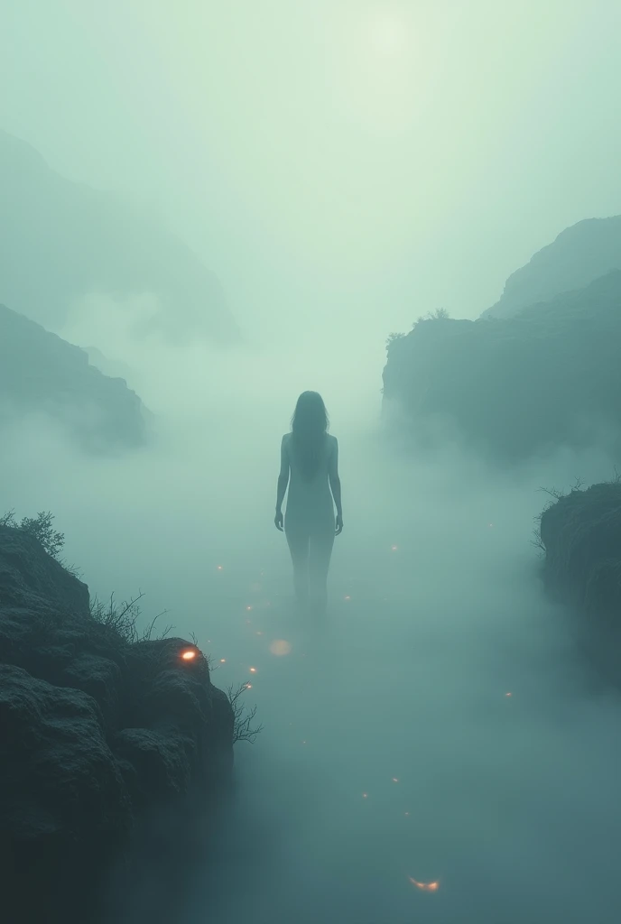 very thin skinny girl. naked in heels thin thin legs. . naked in a cave in the dark. Darkness around. It's dark all around, the aura of magic flies