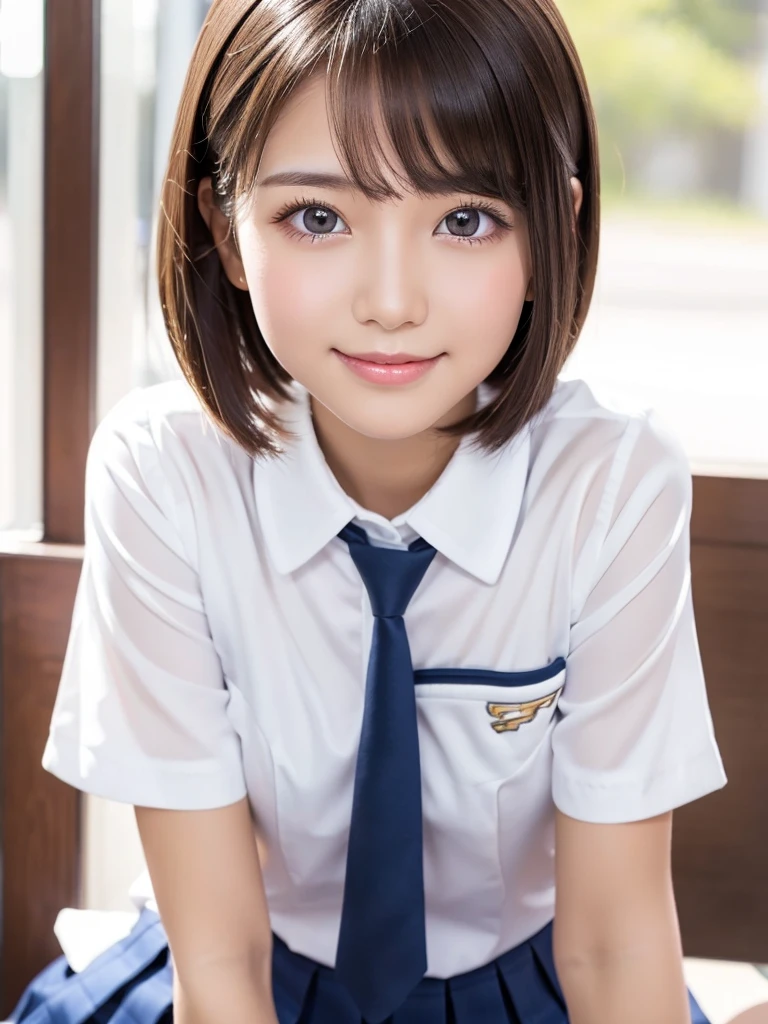 Pure young Japanese school girl, sexual attractive, wearing summer uniforms, no makeup, natural black short hairstyles, sweet smile, soft summer sunlight, feeling soft breeze in hair, professional pin-up portrait photography