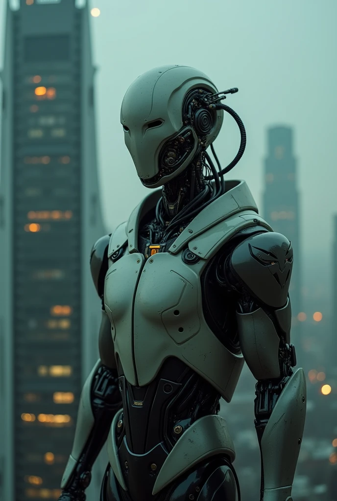 cyborg android mecha anime realistic black gothic punk high tech armor, intricate details, metallic surfaces, glowing blue circuits, hoses and cables, helmet with a dark visor, dramatic lighting, cinematic shot, 8k resolution, highly detailed, masterpiece.