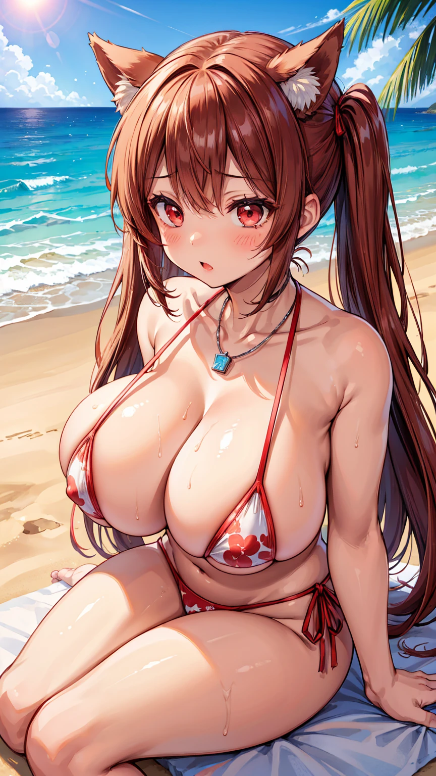 (Huge Tits:1.4)、(girl)、()、bikini、Horse ears、Tsundere、Ahegao、Red Eyes、Red-brown hair、Long twin tails tied at the top、necklace、sitting on the beach、(topless)