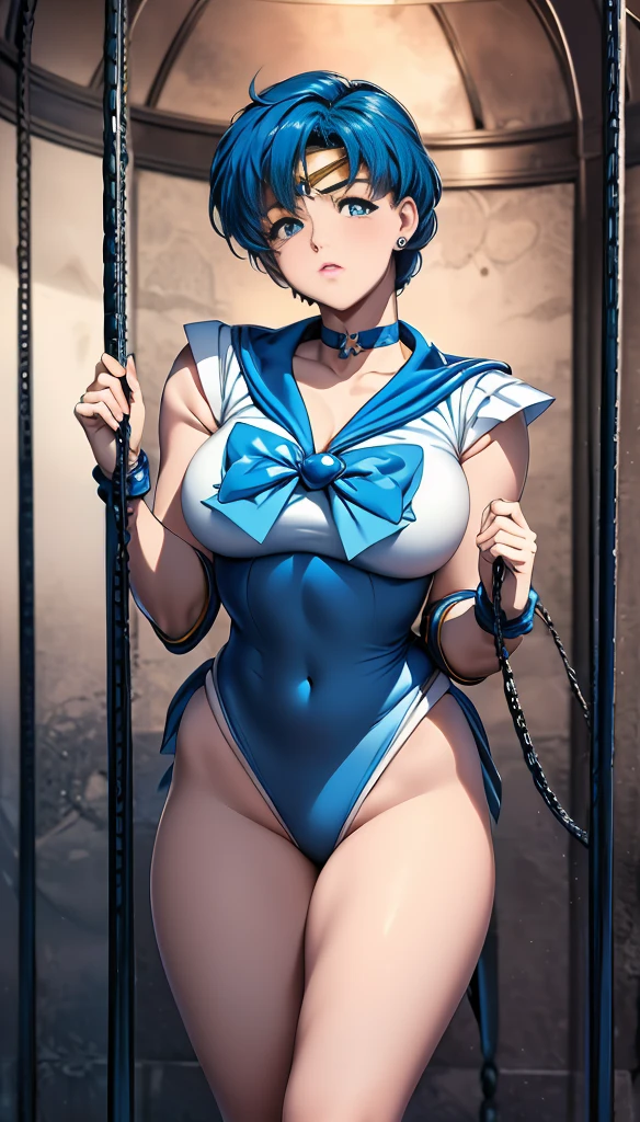 Beauty, very cute face, outstanding proportions, best image quality, masterpiece, 8k, soft expression (Sailor Mercury, attention to detail, delicate details) Full body shot of a man tied in a hexagonal knot with chains.