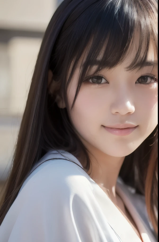 1 Nogizaka Musume, Very cute, a beauty girl, 18year old, Beautiful face, eyes and skin with exquisite detail, Detailed black hair, Smile at the camera, cowboy shot, the way from school to home, profetional lighting, BREAK, (realisitic, Photorealsitic:1.37), 8K, (masterpiece), (top-quality:1.4), (超A high resolution:1.2), (Raw photography:1.2)、(super detailed beautiful cloths)、perfect anatomia、4fingers and 1thumb、hyper detailed background、(Wearing white underwear)、Half body shot