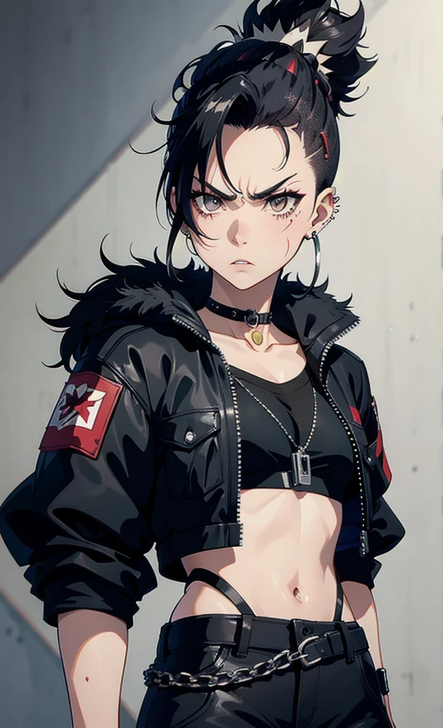 environment background, (perfectly shaped eyes:0.8), dark black hair, (tied hair), pale skin, portrait, digital art, concept art, post processed, dynamic lighting, (painted by bochen and wlop, stylized by nixeu and greg rutkowski), trend on pixiv, perfect composition, cinematic, moody, rule of thirds, majestic, detailed, sharp details, sharp focus, perfect anatomy, shiny, masterpiece, award-winning photography, fine-tuning face, masterpiece, (((masterpiece))) , best quality, doomer girl, short hair, (((red eyes))), beautifuldetailedglow, (beautifuldetailedeyes), punk clothes, piercings , highly detailed, looking at viewer, 4k, (((small breast))), (black jacket), croptop , see through, choker, arched back, disdain, midriff, ((watercolor)), ((extremelydetailed)), ((bright_eyes)), black hair, disheveledhair, blankstare, blackkneehighs, ((heart pupils)), pony tail, (leaned against wall), (Japanese street), (Japanese alley)  <lora:wearing_fishnet14:0.5>, wearing fishnet stockings <lora:DoomerGirl:0.7>, doomergirl