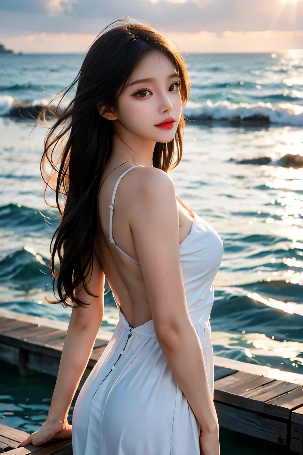 (best quality), (very delicate and beautiful), ((석양에 아드리아 해를 바라보는 아름다운 소녀의 realistic 이미지)), She was wearing a Greek style maxi dress., The calm Adriatic Sea shining at sunset, She has a calm expression on her pretty face., She stands on a long wooden pier., The evening glow illuminates her enchantingly., Amazingly cute and handsome face, chapped lips, Hair blowing in the wind, Hourglass figure with beautiful curves, Professional lighting and shading, throw, (Highly detailed eyes and face), Eyes with beautiful details, (Incredibly detailed and beautiful natural skin texture), Accurate eyes, precise hand, A well-balanced body overall, (realistic:1.4) ultra high resolution, Complex configuration, Detailed and beautiful background