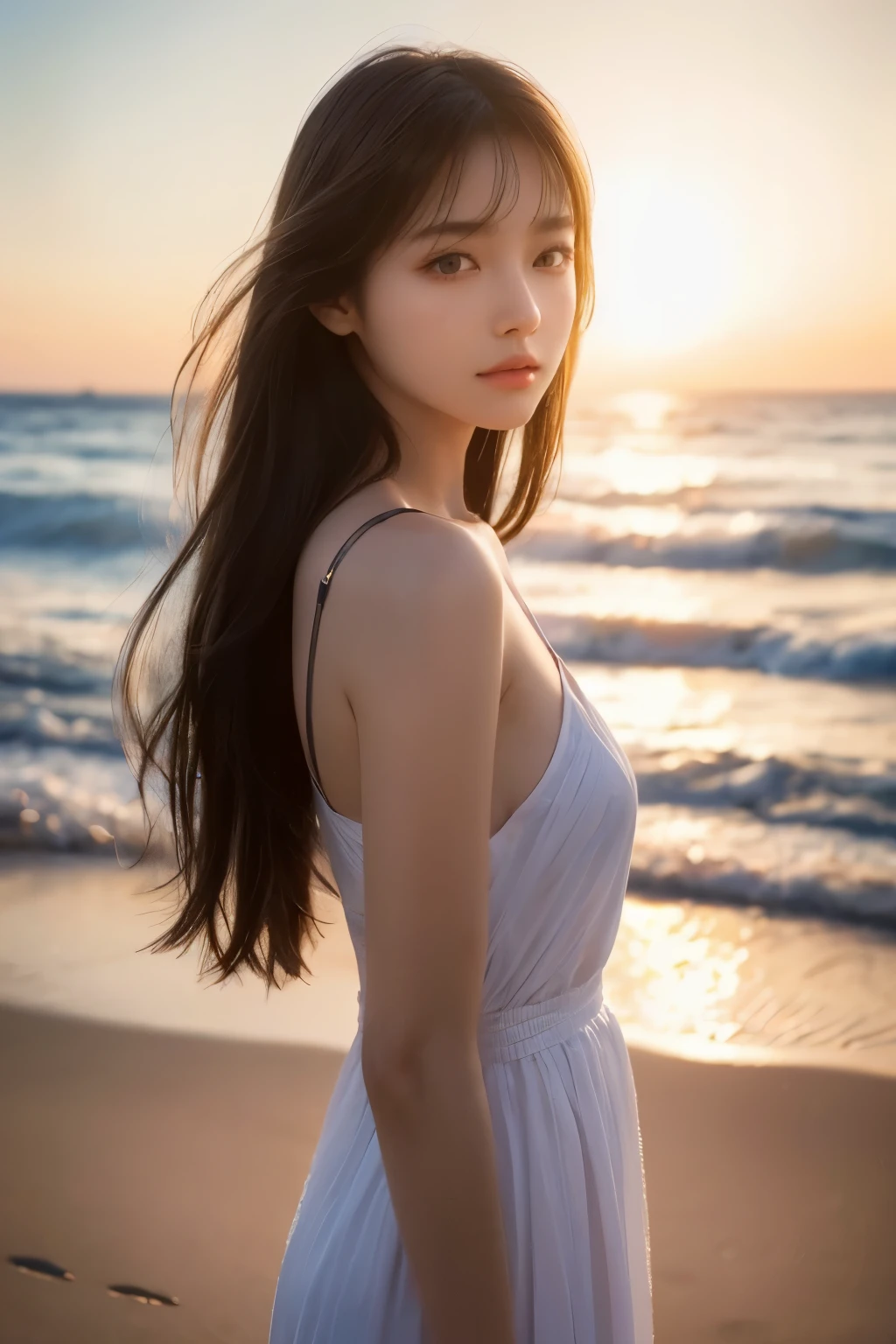 (((masterpiece))), top quality, Winning entry, very detailed, very detailed, detailed background, beam, (A very beautiful woman standing on the beach in the evening), Japanese, 20 years old, Nogizaka Idol, Photo collection of super pretty girls, town, detailed face, alone, (whole body:1.3), Relaxation Long Hair, forehead, (young face), tall, (perfect body:1.1), Beautiful long legs, open plateau, Sunset glow, faint, summer,
In 8K, wallpaper, amazing, in detail, very detailed 티커 Unity 8k 배경화면, very detailed, Super high resolution, very detailed, pure face_v1, very detailed 눈과 얼굴, beautiful and delicate eyes, very detailed 피부, what makeup, (natural skin),