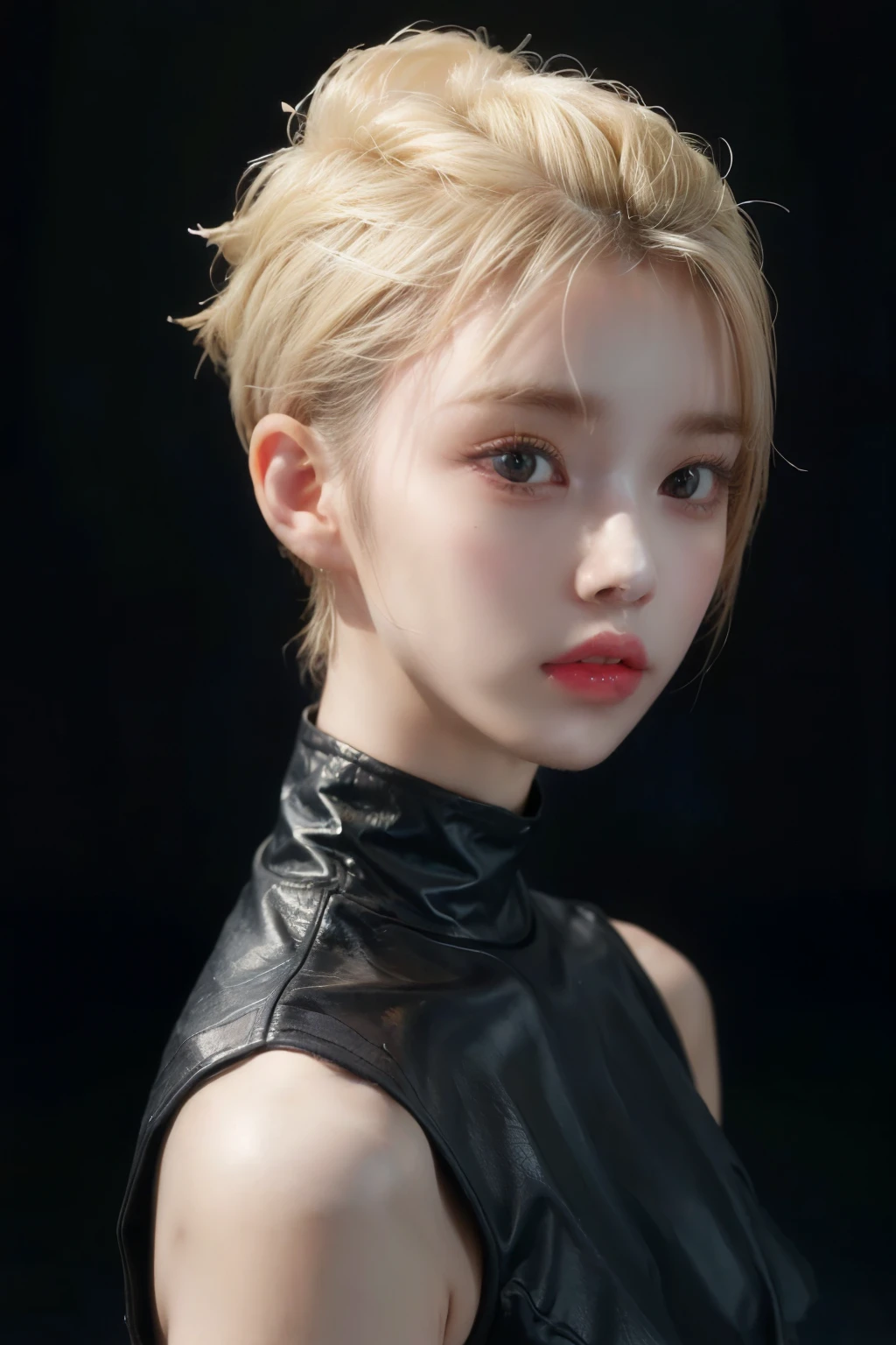 20 year old woman、blonde、(hi-top fade:1.3)、dark theme、black eye、calm tone、calm colors、high contrast、(natural skin texture、hyperrealism、soft light、sharp)