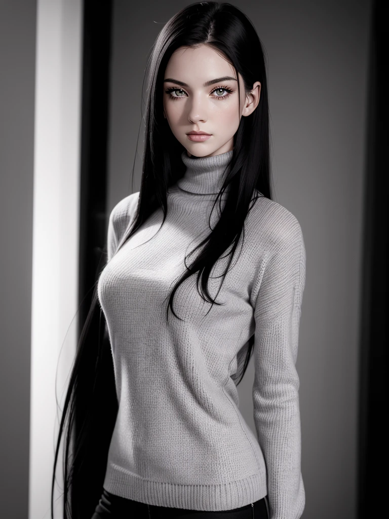 (best quality), 1girl, female, pale skin, (black hair), long hair, straight hair, grey eyes, perfect eyes, turtleneck sweater, stylish, elegant, serious, masterpiece, anatomically correct, highres
