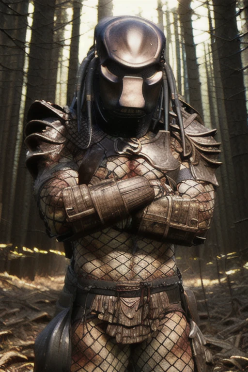 CityHunter,solo,male,predator \(movie\), mask,armor,fishnet,(detailed background,forest:1.5),night, standing,crossed arms, 