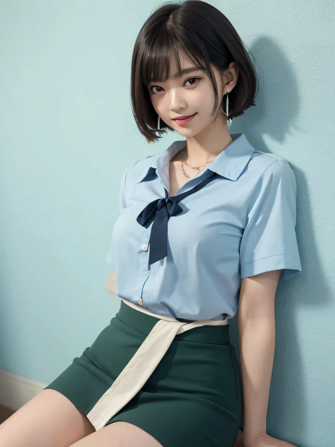 {,a girls 18 Yo ,navy pleated skirt, Navy bow tie)), (beautiful scenery), evening, (Inside the flower shop), Are standing, (smile, Upper grade, open your mouth), (((skirt lift, no panties, genitals visible))), full body shot,