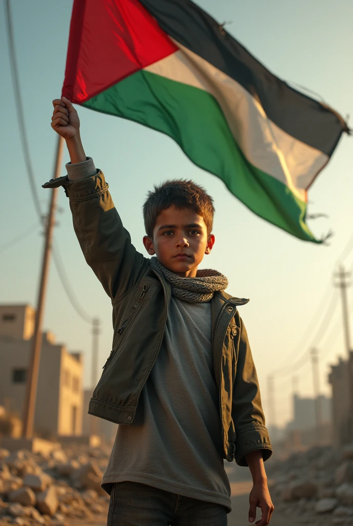 Please create photo for a 7years palestinian ??? holding palestine flag and crying in war situation
