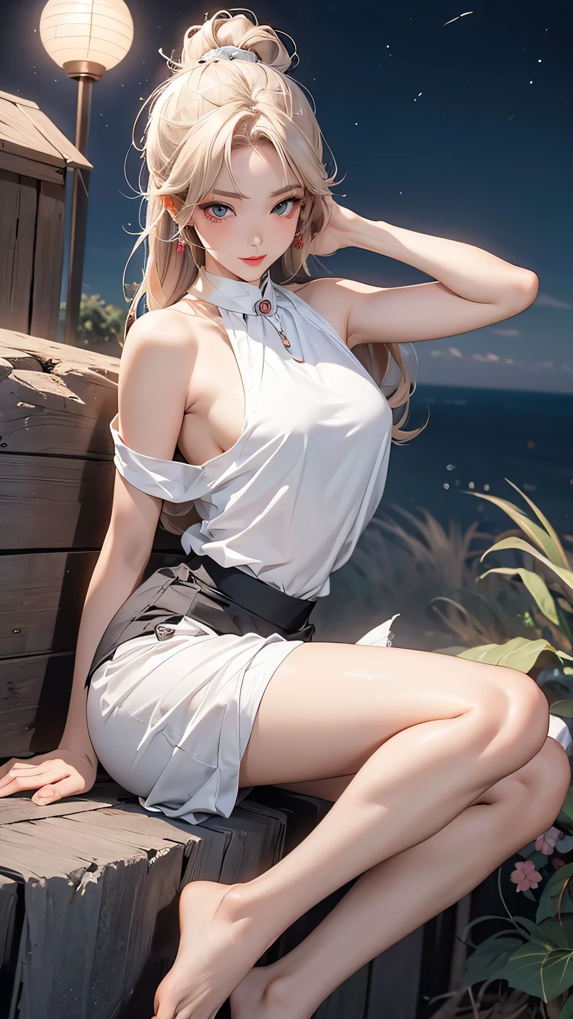 yuicere,midriff,white_skirt, ((bare shoulders)), ((whole body)), actual, fashion girl, red lips, mature women, cosmetics, big eyes, beautiful eyes, ((whole body)), ((from below)), (best quality, masterpiece:1.2), Super detailed, (actual:1.37), ((Sexy long legs)), beautiful, young and energetic, Charming model with, big breasts, cleavage, (delicate eyes, Detailed lips, extremely delicate eyes), show a bright smile, Create stunning girl images, Warm colors, Extremely high color saturation, official art, Extremely detailed CG unified 8k wallpaper,(high dynamic range :1.4), (cinematic),(pastel colors, dull color, soothing tone :1.3), (natural skin texture, ultra-actual, soft light, sharp),(Very detailed), night, moonlight, ((in the mountains, plant, Leaning against the rocks))