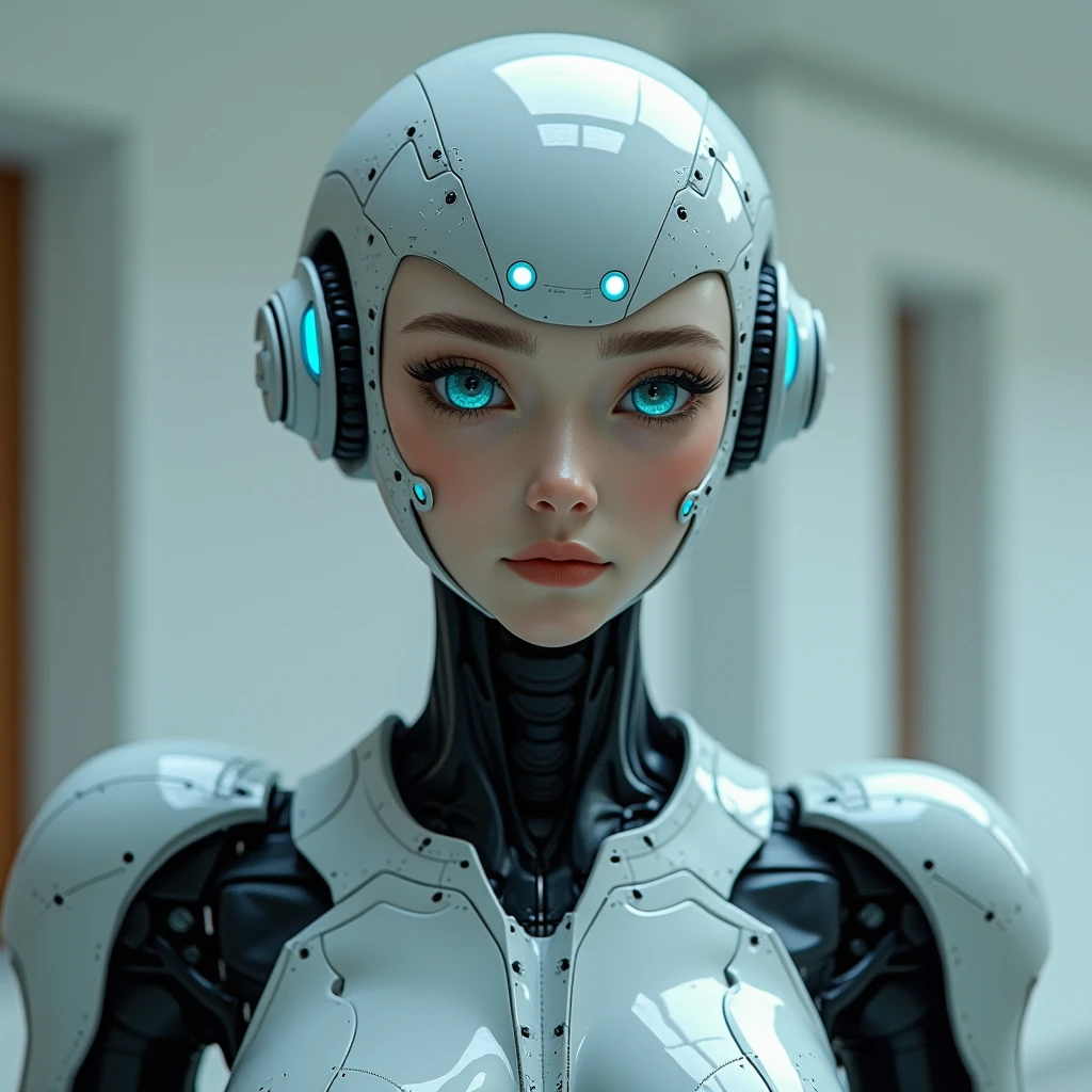 highly sofisticated robot from far future, not ordinary, made out of mirriad of futuristic parts, both holographic and physical, hyperealistic, 8k, photo realistic