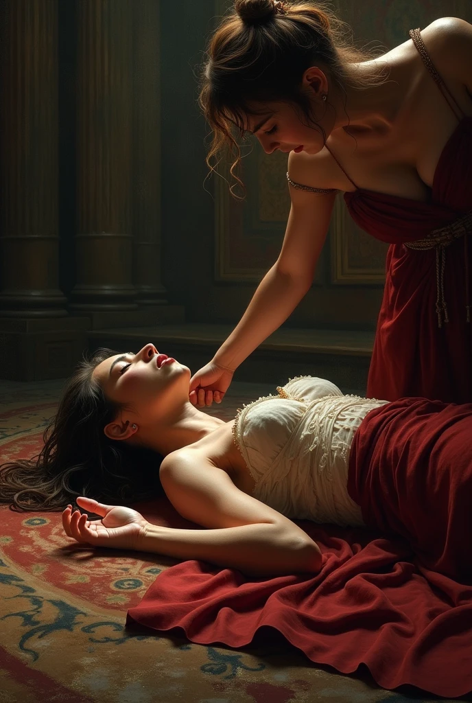 one woman performs oral sex on another while lying on the dining room table, one of them brunette and fat, the other blonde and thin with flat tits, highly detailed, realistic skin textures, beautiful detailed eyes, beautiful detailed lips, extremely detailed faces, long eyelashes, elegant poses, intricate architectural details, ornate tiled floors, antique brass fixtures, moody lighting, warm color tones, dramatic shadows, multicolored hair, red hair, mole under eye, photorealistic, Gothic art, Realism, wide shot, from side, atmospheric perspective, 8k, masterpiece, anatomically correct, super detail, award winning