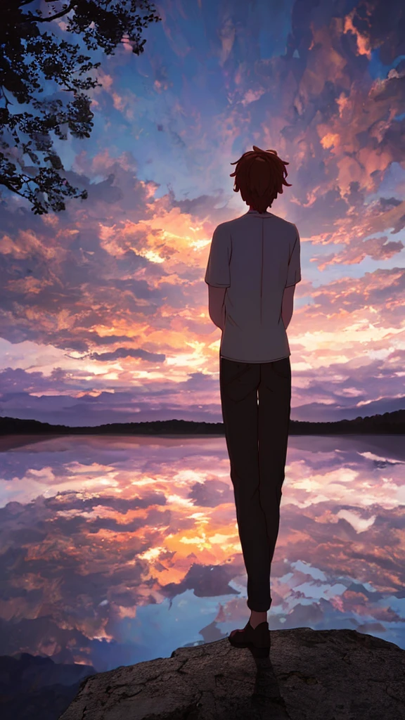 Highest quality，photograph，Beautiful twilight sky，youth，Back view，