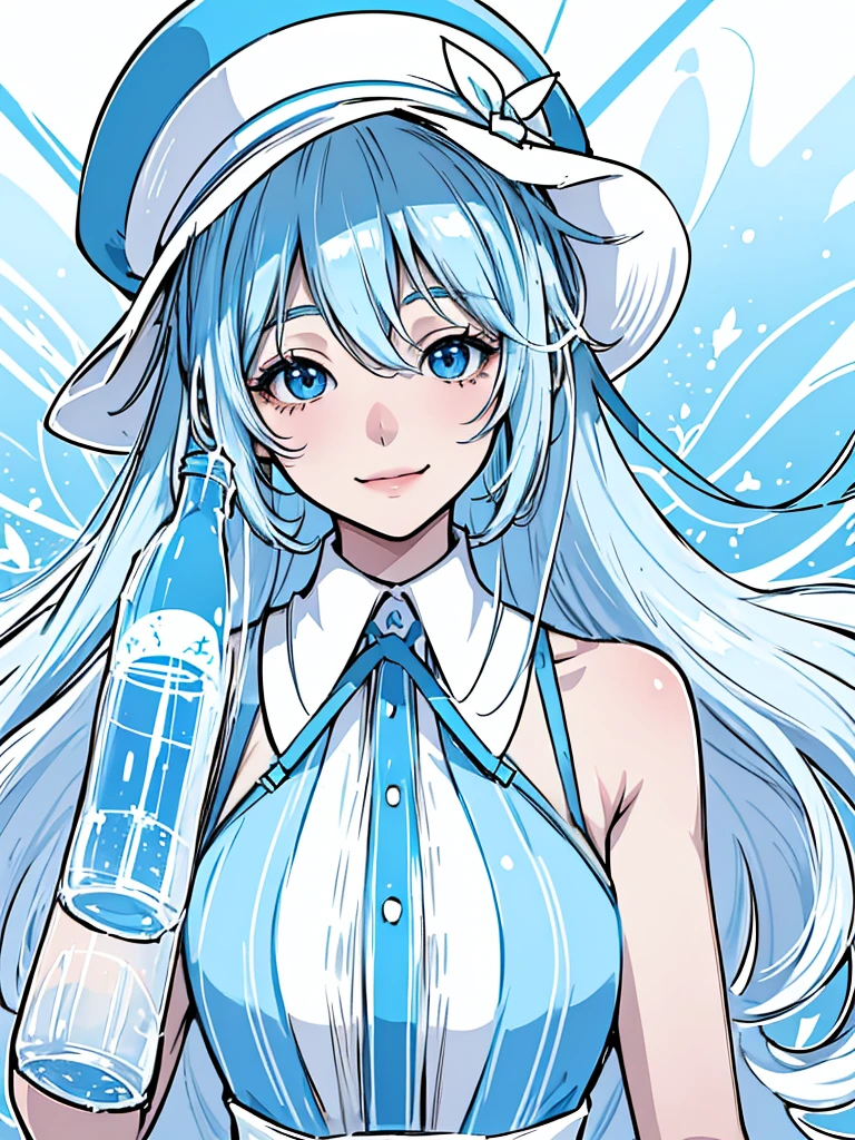 masterpiece、Hatsune Miku、Light blue hair、Long Hair、Blue ribbon、((White Hat))、white and blue dress、Sparkling eyes、smile、(((Holding a plastic bottle)))、Upper Body