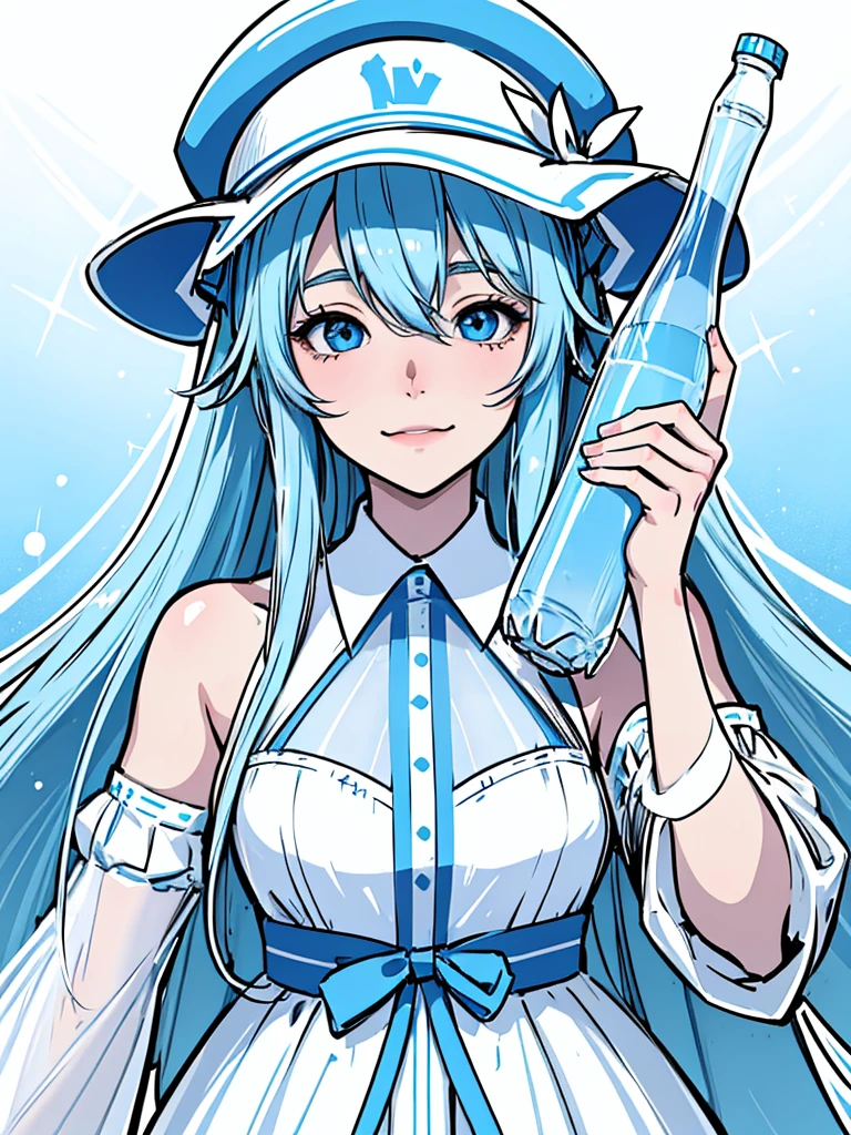 masterpiece、Hatsune Miku、Light blue hair、Long Hair、Blue ribbon、((White Hat))、white and blue dress、Sparkling eyes、smile、(((Holding a plastic bottle)))、Upper Body