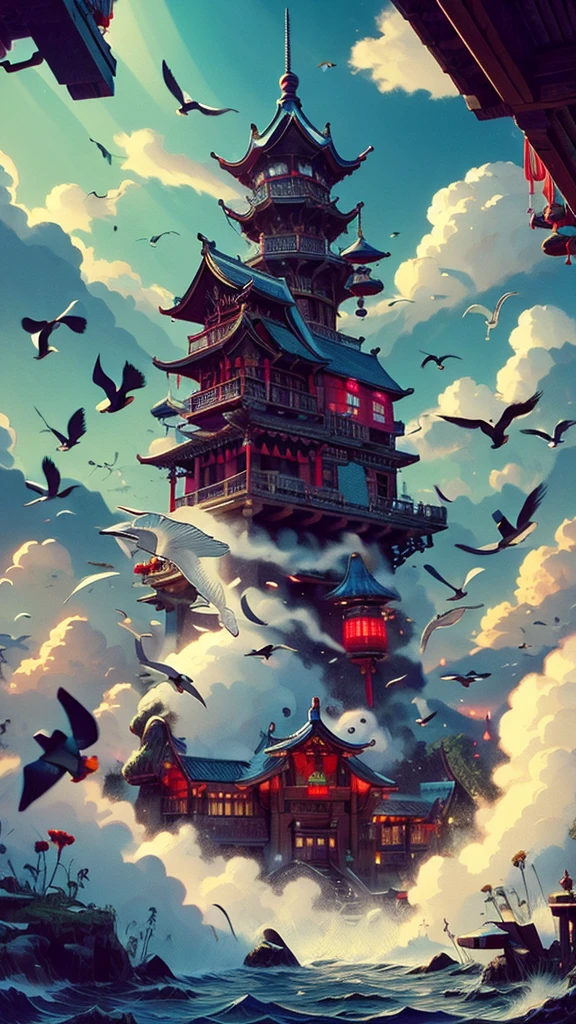 color (Fantasy: 1.2), (Traditional Chinese Style), (Irregular red building floating above clouds), Patchwork Cottage, Floral decoration, Light, Concept art inspired by Andreas Rocha, Artstation Contest Winner, Fantasy art, (Sky City), Ross Tran, Lightシャフト, Realistic lighting, masterpiece, high quality, Beautiful graphics, Attention to detail, masterpiece, high quality, Beautiful graphics, Attention to detail, , (Flying seabirds)