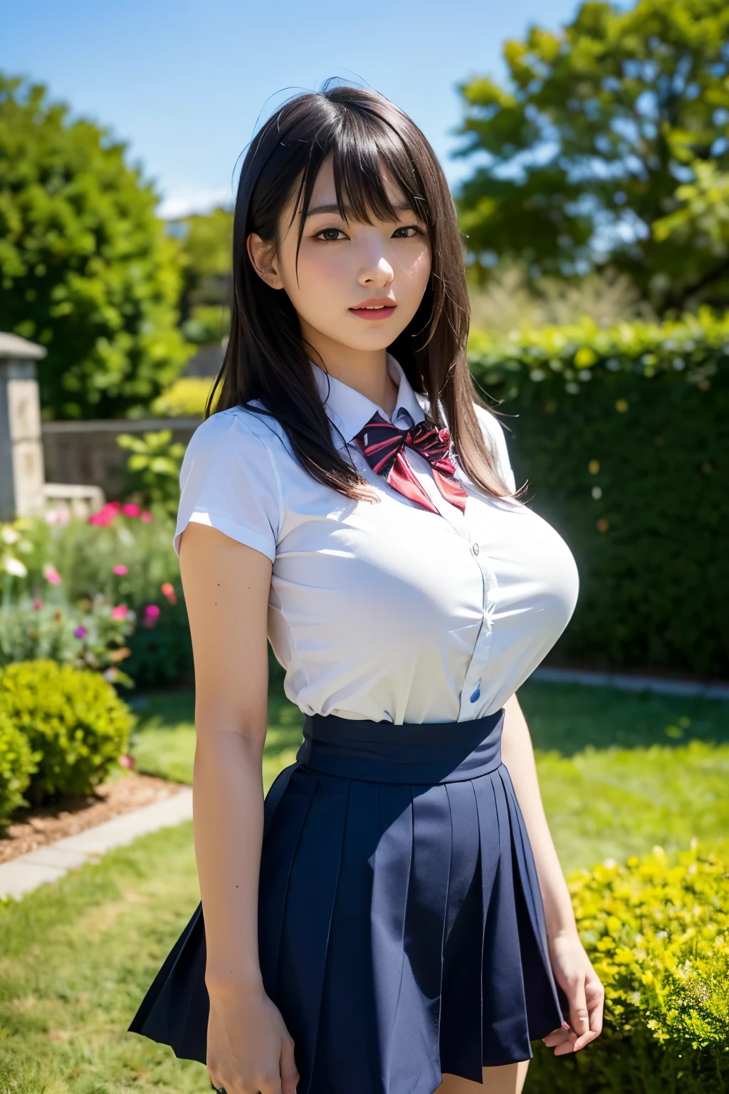 (Highest quality, 8k, 32K, masterpiece, Ultra-high resolution:1.2), Cute Japanese Girl, (Huge breasts:1.1), Short black hair, bangs,expensive, (school uniform), Tight waist, (Outdoor, garden, blue sky),(middle School girls、Knee-high