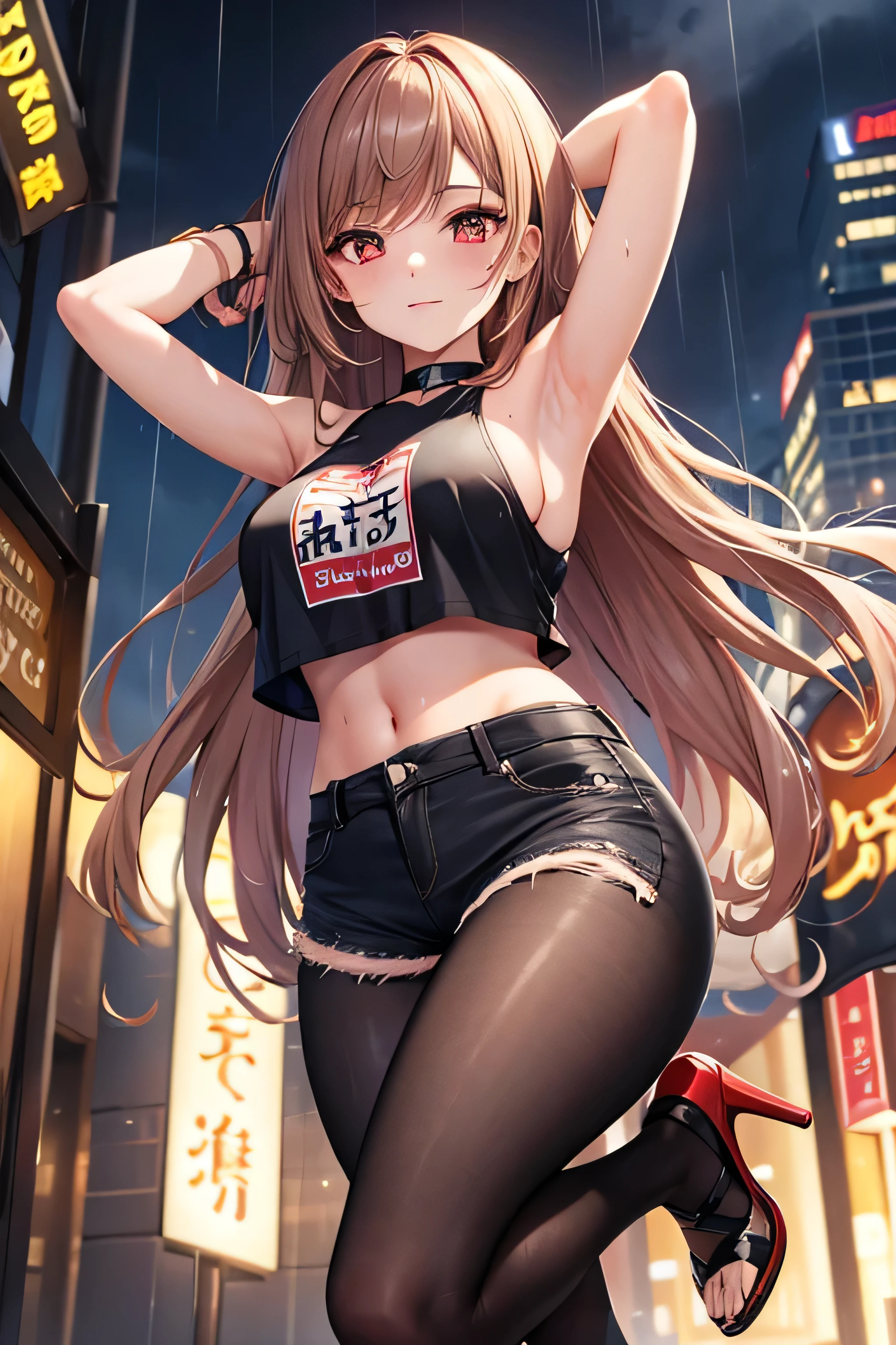 Game , goddess of victory nikke, Rapi , light brown hair,  alluring eyes ,beautiful face , crystal red eyes ,  long hair , women black colour crop top camisole slim fit, short jeans , ,selfie wind, 1 hand bag, cheerful eyes, ,g cup breast, slender waist, bewitching thighs, five fingers each hand, two hand ,two leg , in town, date, standing, beautiful, high heels, night ,light district, heavy rainy day, put both hands on head, armpit, sweaty